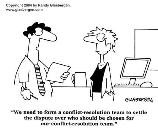Cartoon of business people talking about conflict-resolution